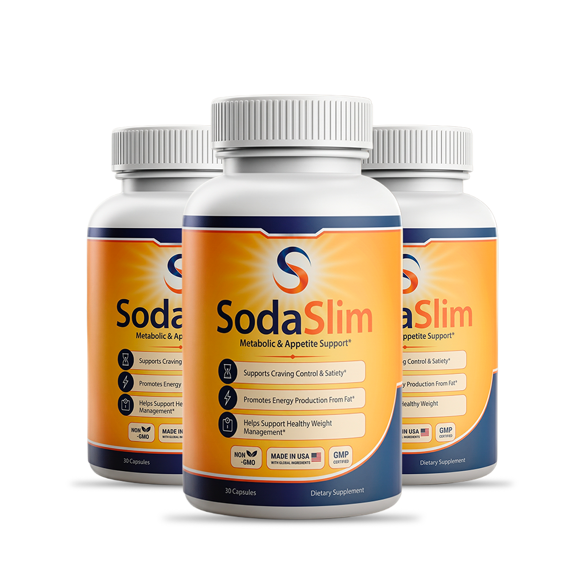 Three Soda Slim dietary supplement bottles with orange and navy labels